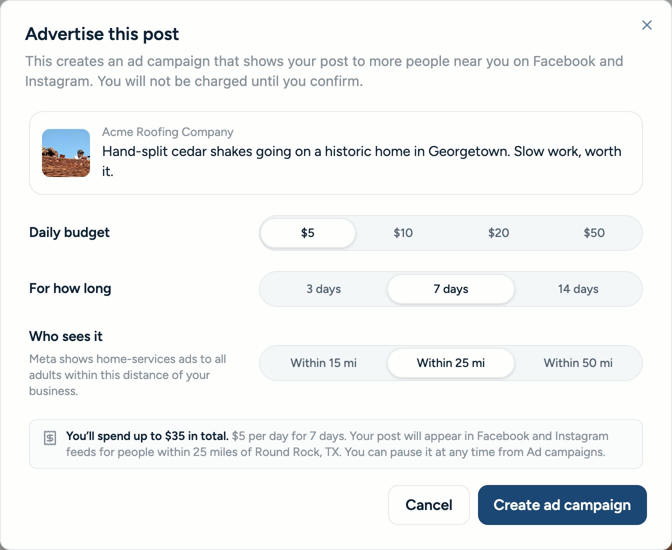 Advertising a post from Hearth: daily budget, length, area and ad account.