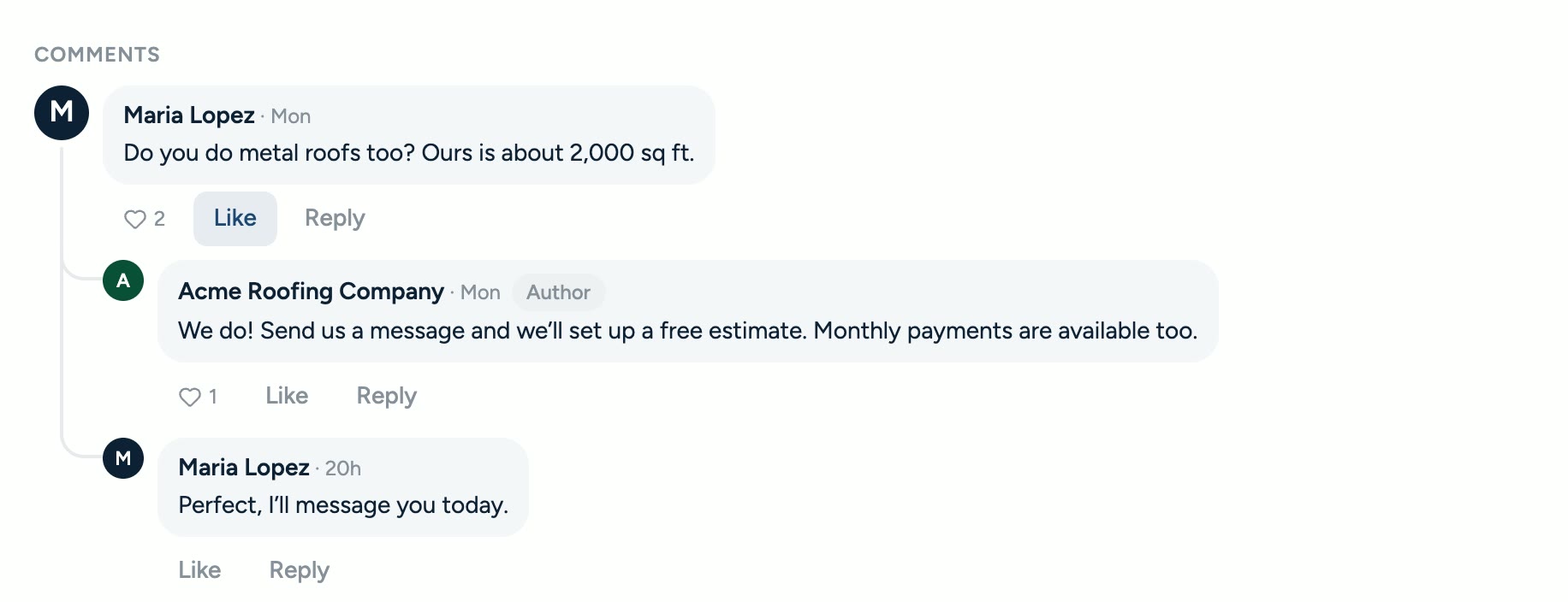 Replying to Facebook comments on a post in Hearth.