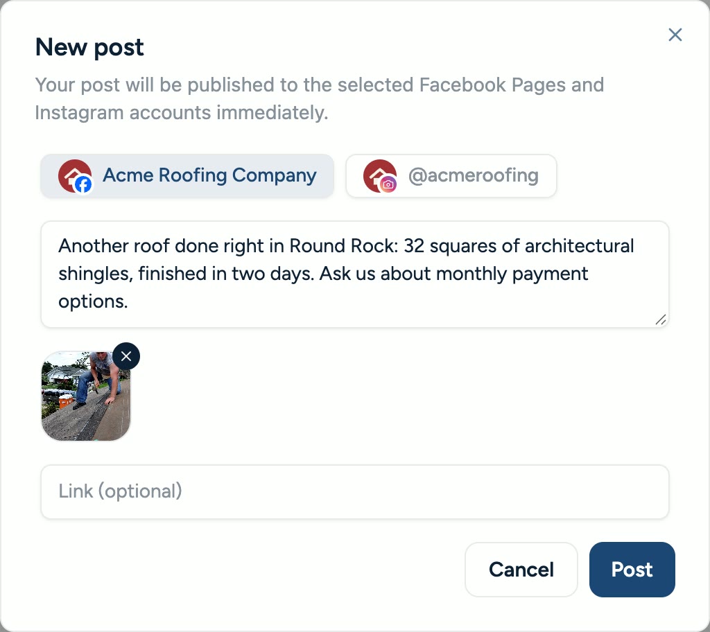 Creating a new Facebook and Instagram post in Hearth with a photo of a roof replacement.